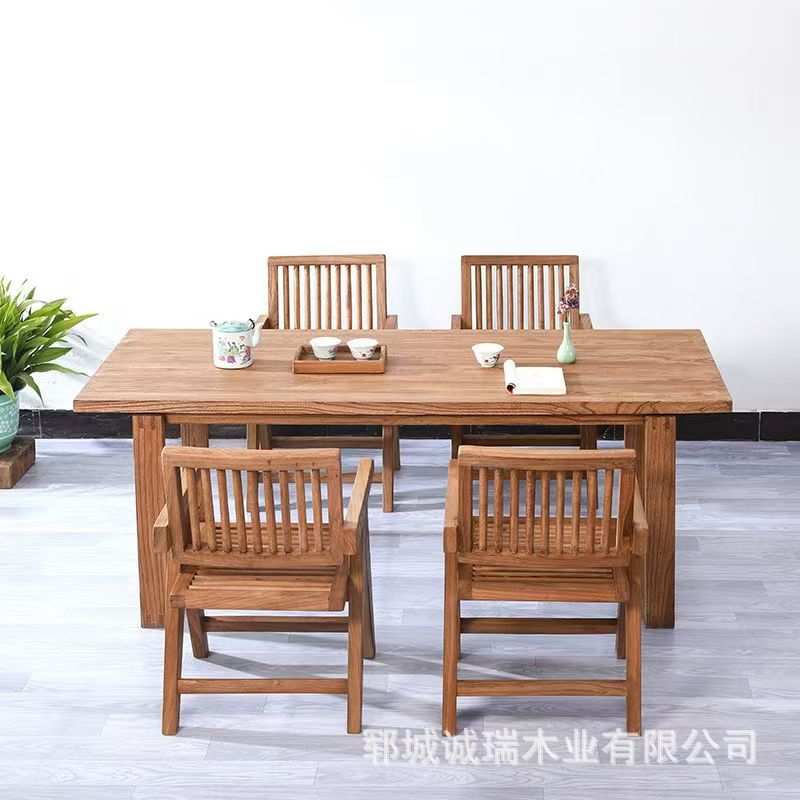 家用客厅吃饭餐桌长方形拼花大板桌老榆木板凳实木茶桌椅家具组合
