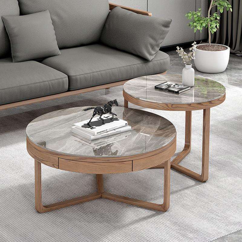 北欧圆形岩板茶几现代简约客厅小户型带小抽屉实木大小圆茶几组合