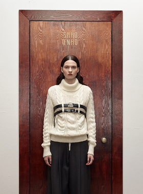 SHRO ENRO春季新款时尚半高领双腰带修身针织毛衫上衣设计师品牌