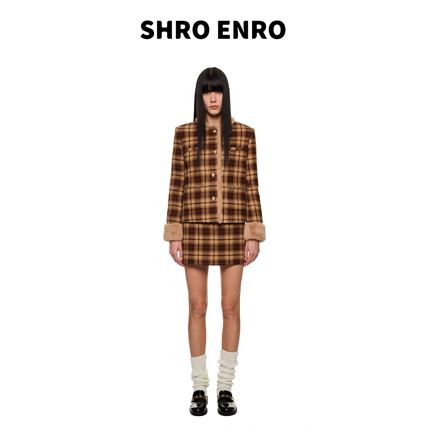 SHRO ENRO2025年秋季新款毛毛拼接格纹外套短裙时尚小香风套装,女装/女士精品,时尚套装,淘宝优惠券,粉丝福利购,淘宝优惠卷