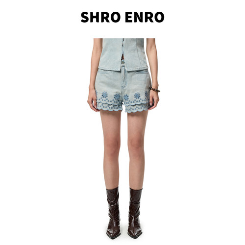SHROENRO绣花花边A字牛仔短裤