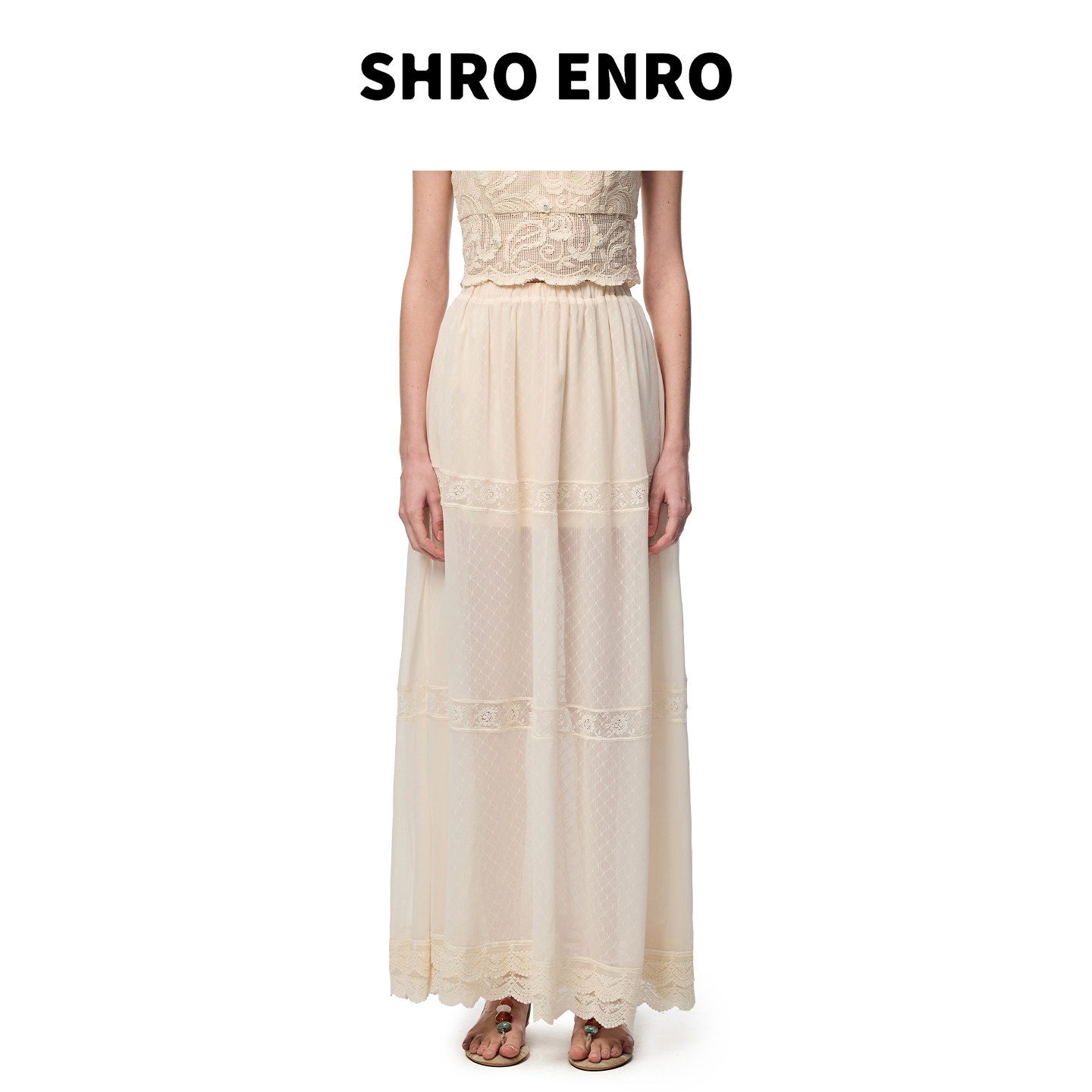 SHRO ENRO2026夏季新款松紧腰蕾丝花边拼接轻薄雪纺网纱长半身裙