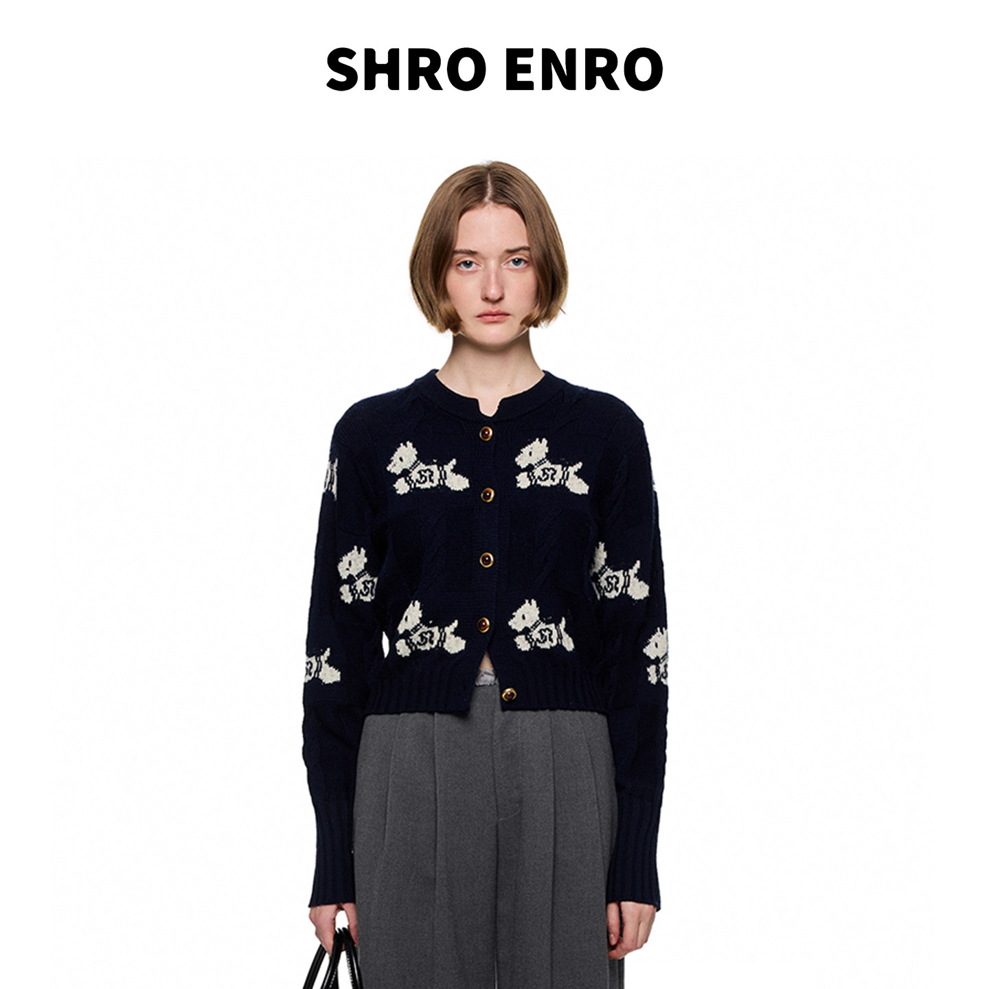 SHROENRO卡通小狗提花针织开衫