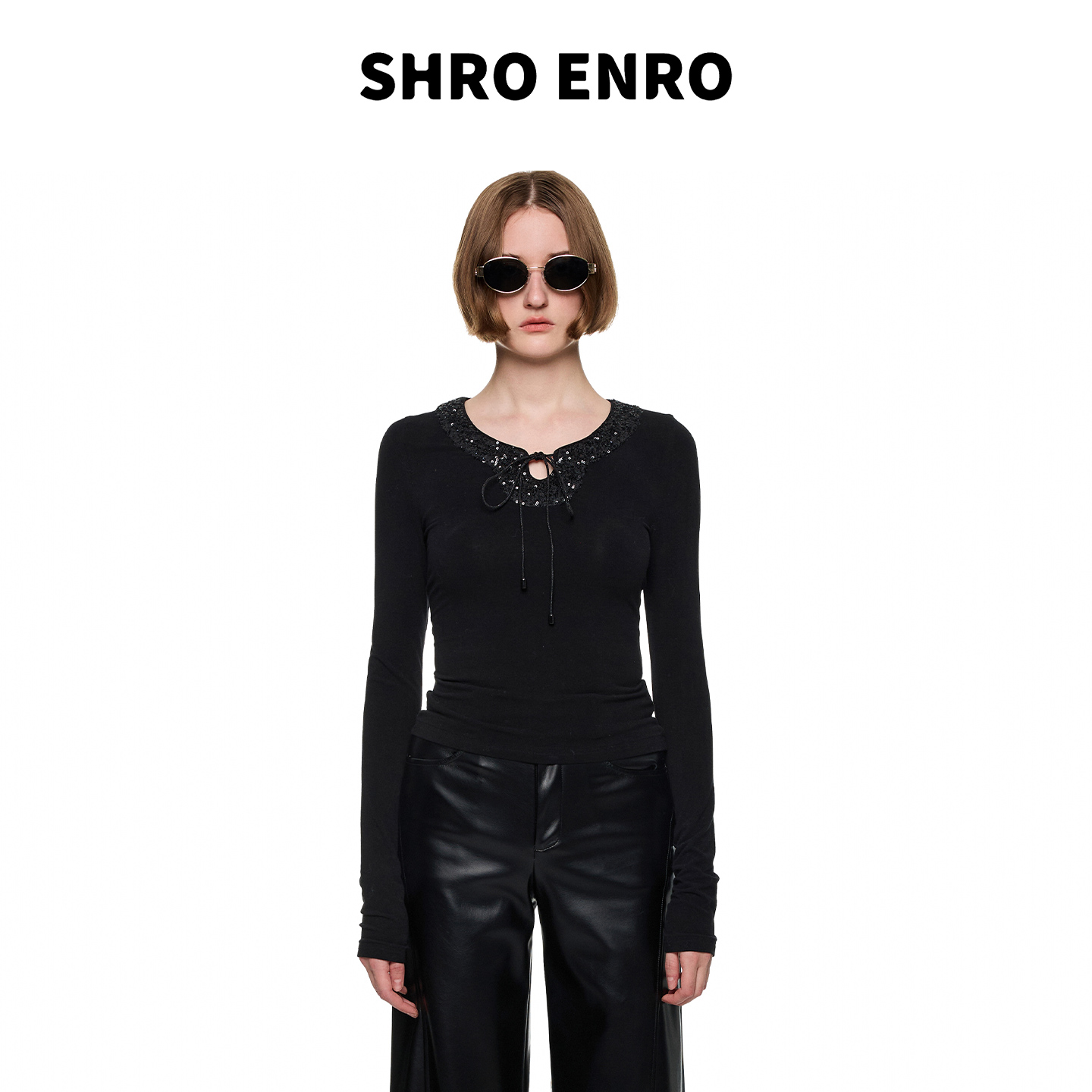SHROENRO重工亮片绑带打底衫