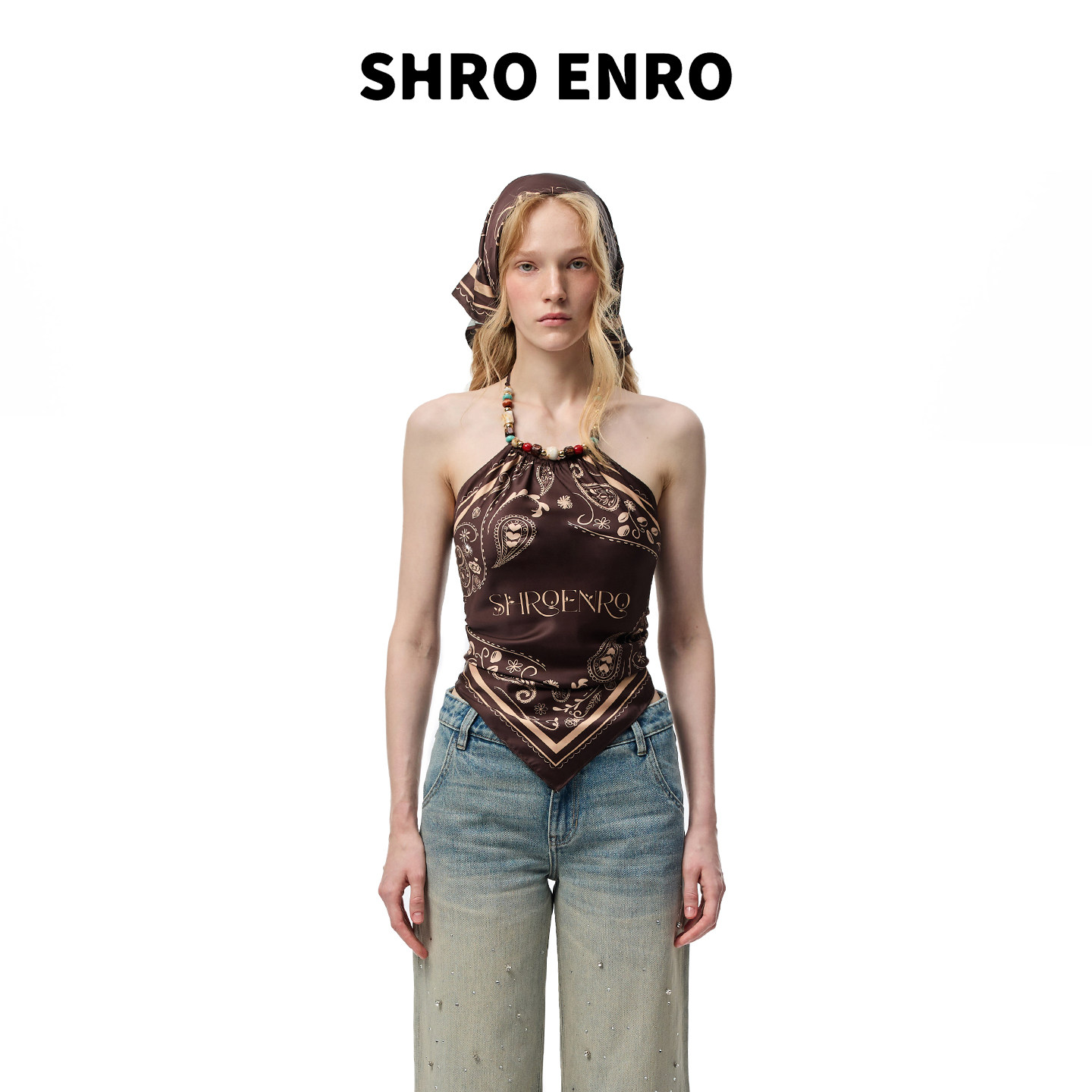 SHRO ENRO26夏季新款佩斯利纹丝巾背心串珠挂脖三角巾复古上衣女