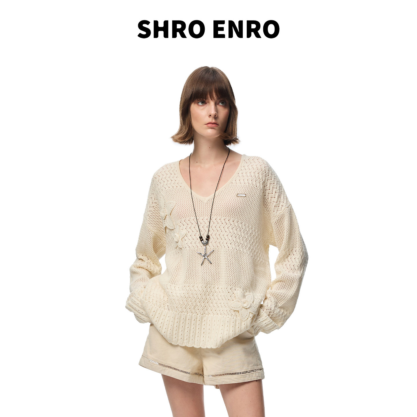刘令姿同款 SHRO ENRO 2026年夏季新款花朵V领镂空针织毛衣女上衣