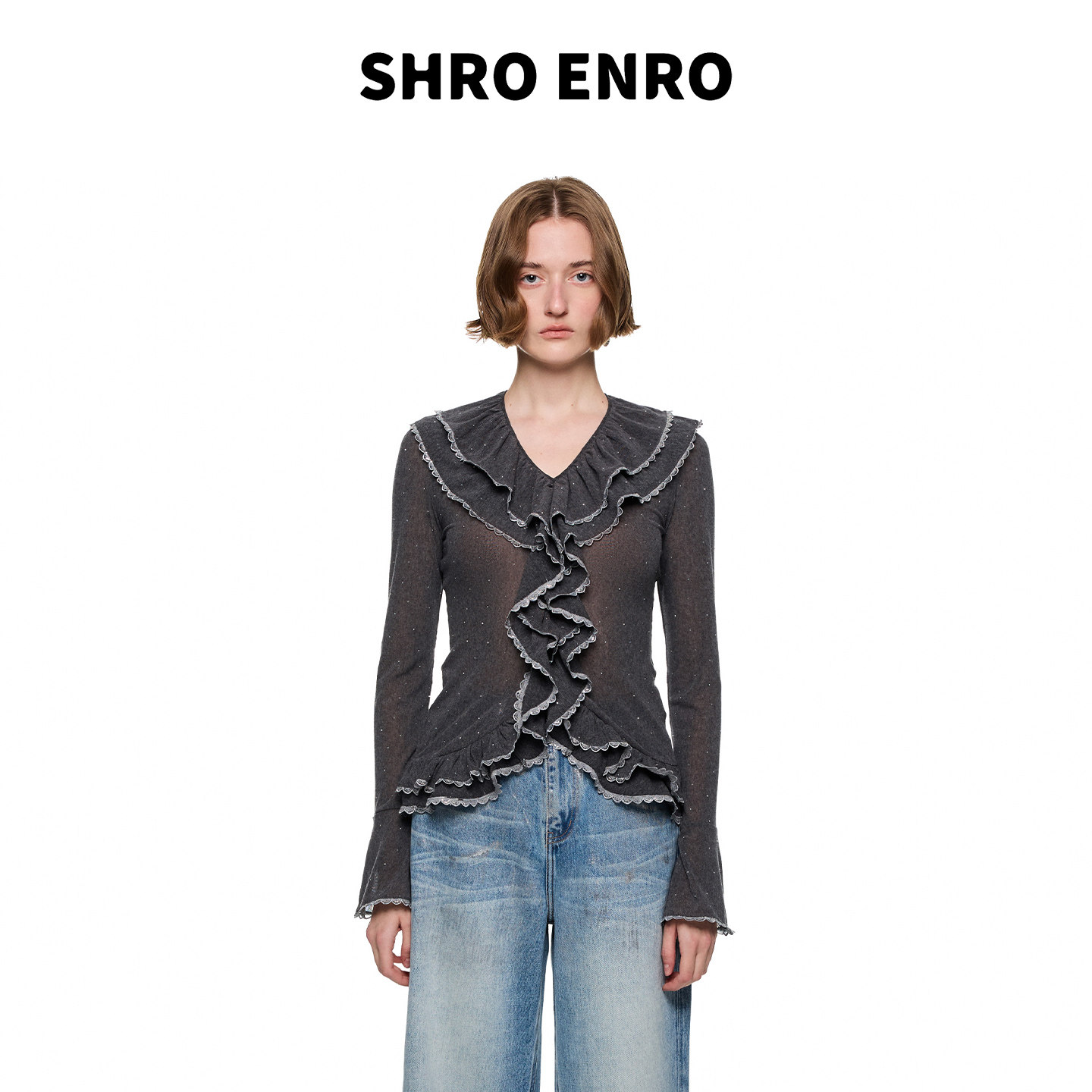 SHROENRO烫钻法式荷叶边V领上衣