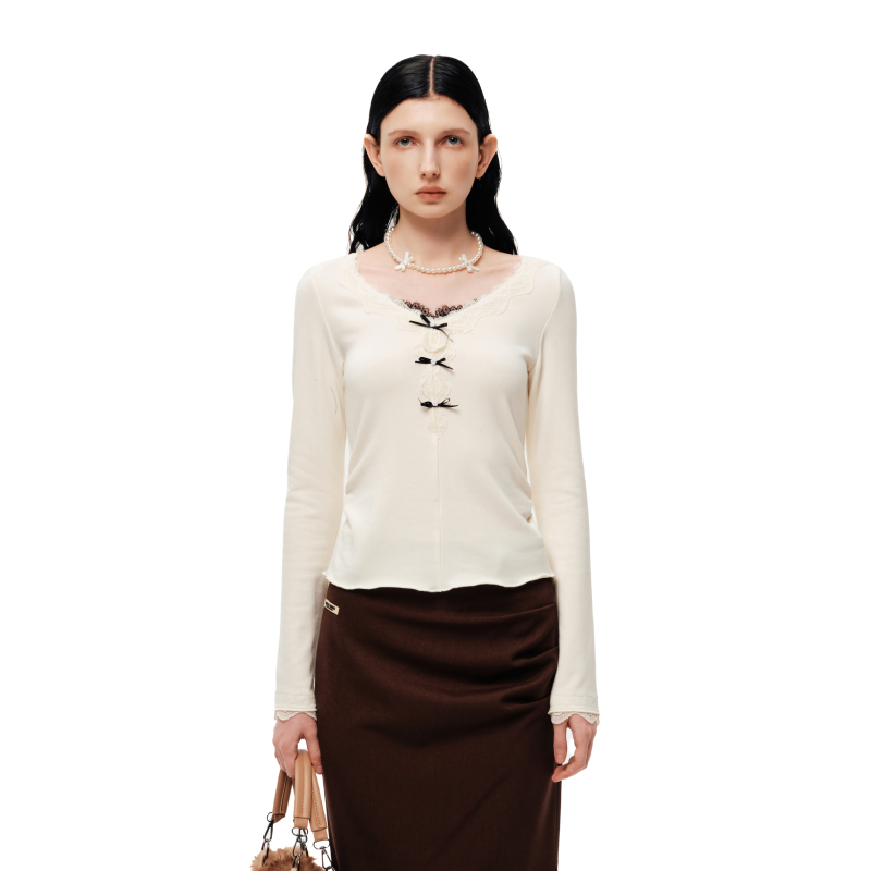 SHROENRO蕾丝V领百搭打底T恤