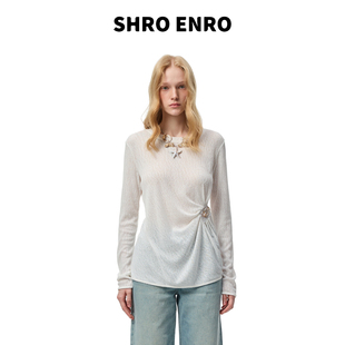 ENRO2026春季 优雅长袖 新款 修身 T恤女上衣 褶皱设计感贝壳薄款 SHRO