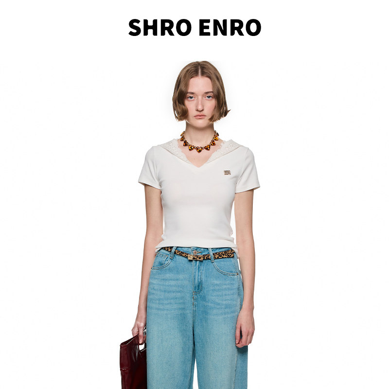 张婉儿明星同款 SHRO ENRO 春季新款蕾丝连帽设计修身V领短袖上衣