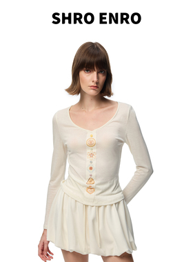 SHRO ENRO 2026年春季新款V领甜美少女感温柔风印花扣小衫T恤上衣