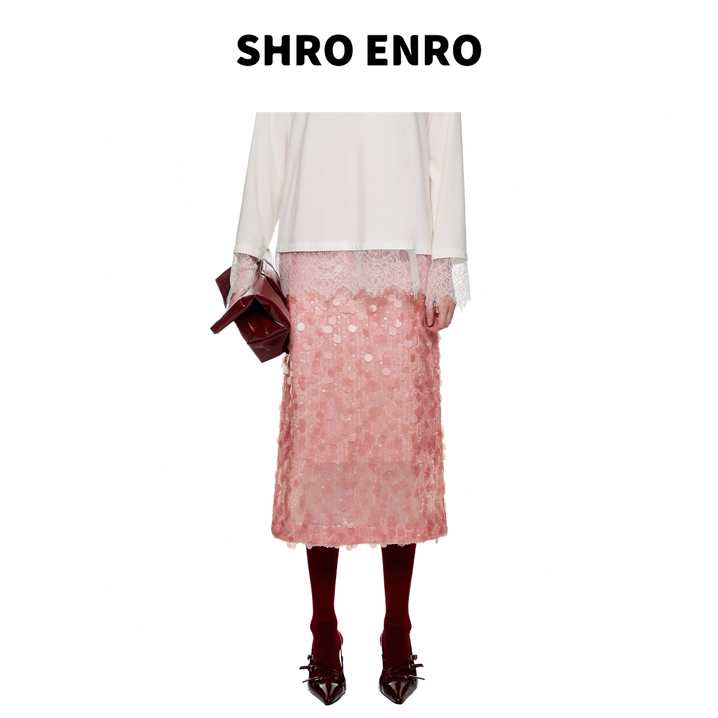 SHROENRO高腰直筒后开叉半裙