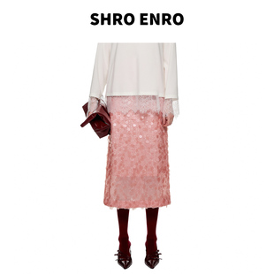 高腰直筒粉色重工立体珠片后开叉半身裙女 新款 SHRO ENRO秋季