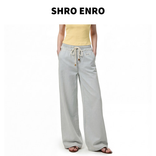 SHROENRO蕾丝花边直筒牛仔裤