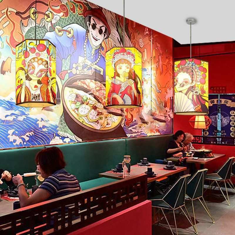 火锅店餐饮走廊布置中式装饰灯灯笼国潮京剧图案圆柱国风发光