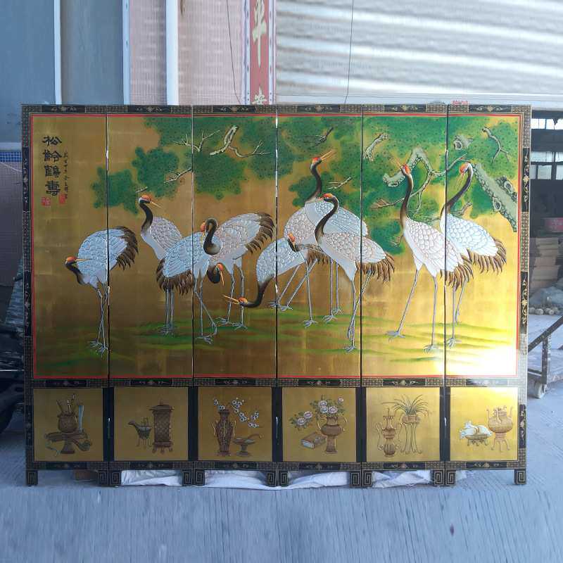 至高美金箔手绘屏风松龄鹤寿图装饰隔断屏6片网红直播背景墙装饰