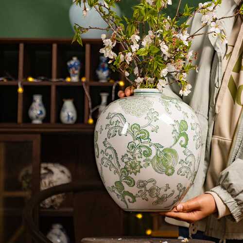 定制绿色长尾鸟半手绘花瓶田园风陶瓷花器水培插花高级感装饰品