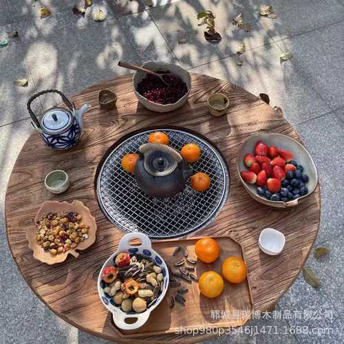 老榆木实木煮茶围炉桌聚餐户外桌家用商用景区火锅茶桌门板烧烤