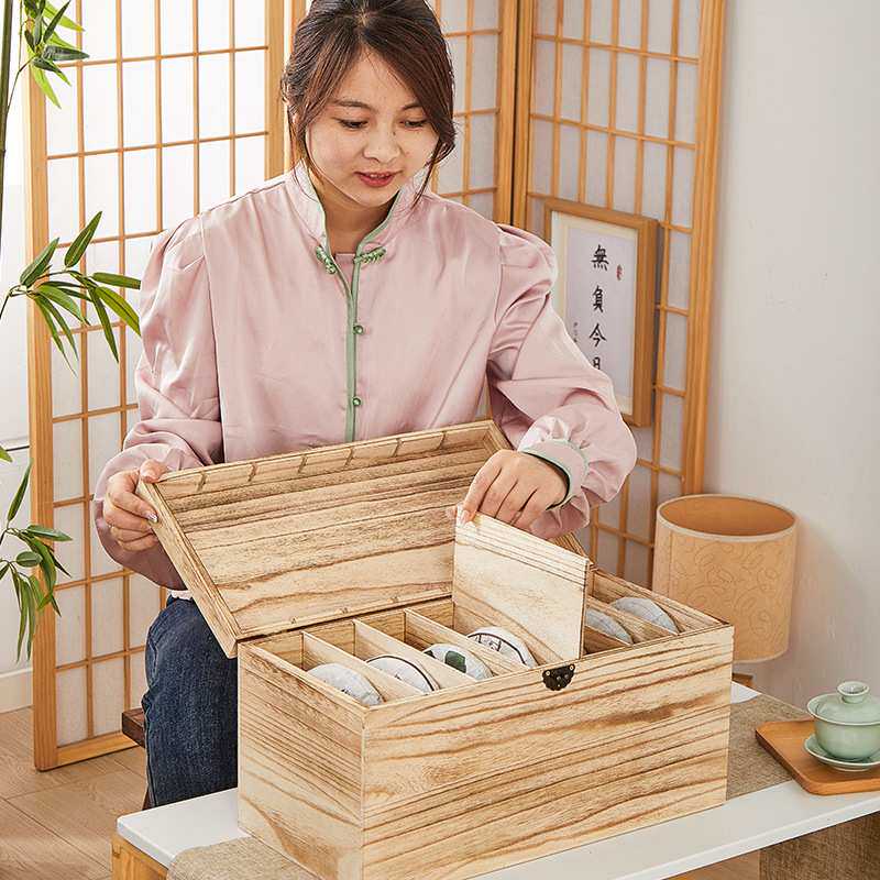 实木茶饼收纳防尘置物架复古风宝箱长方形多宝阁格子收纳桌面摆放