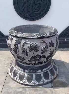 天然石雕鱼缸仿古花盆水槽户外庭院青石石缸养鱼池流水盆景观摆件