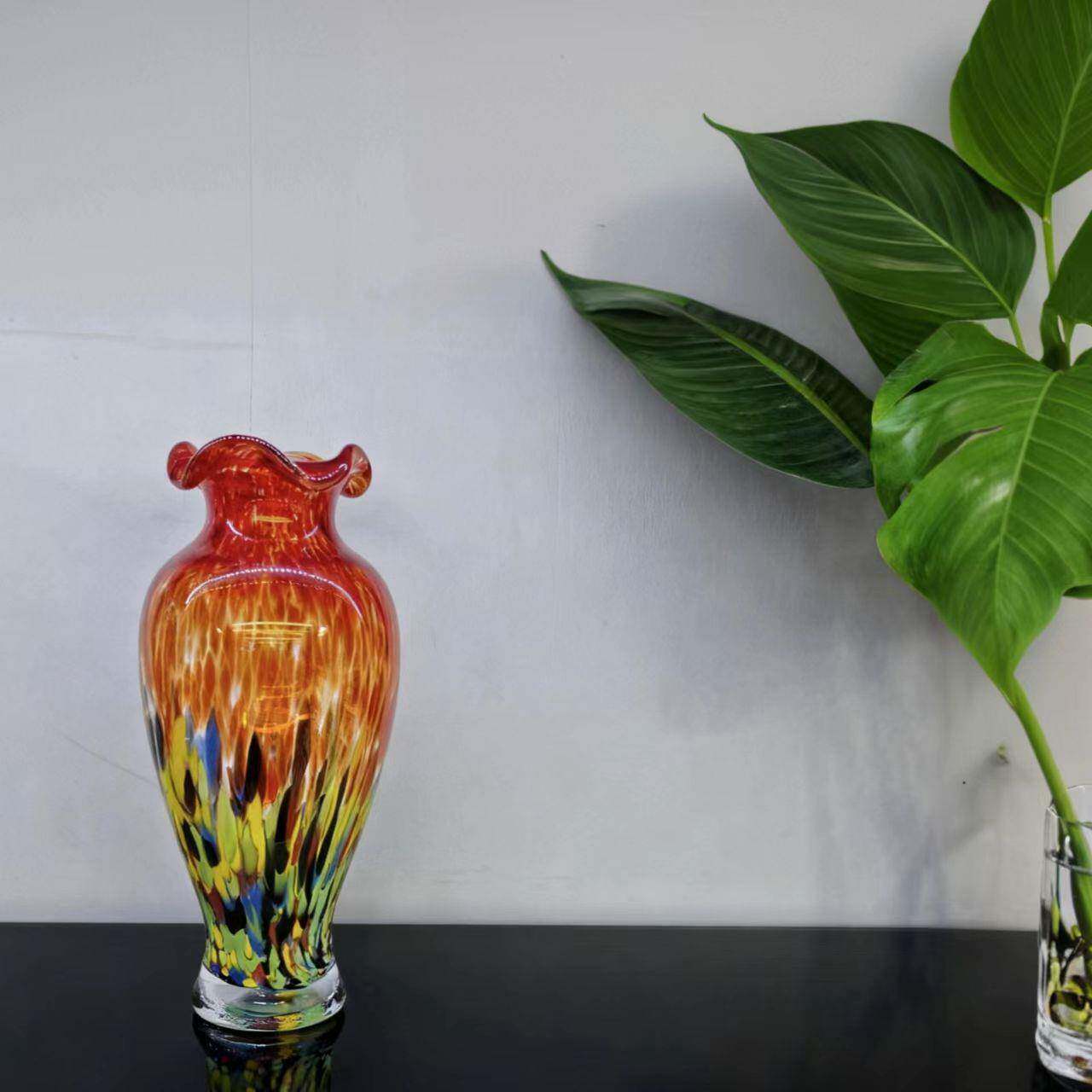 中古果酱红玻璃花瓶复古风花瓶手工吹制水培插花美式装饰跨境热销