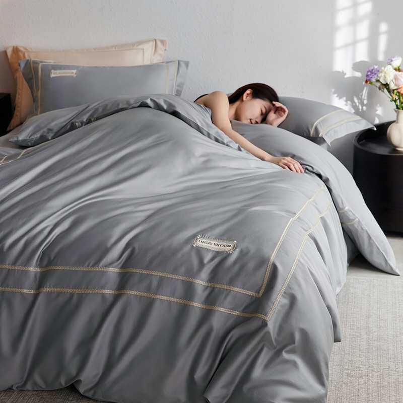 A类高端轻奢60S长绒棉四件套简约高级感深灰色系四季款全棉套件