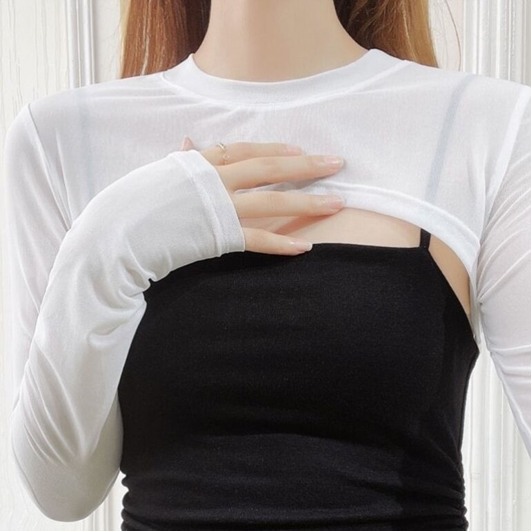 白色半截网纱女上衣夏季防晒披肩女搭配吊带外搭罩衫长袖遮手臂潮