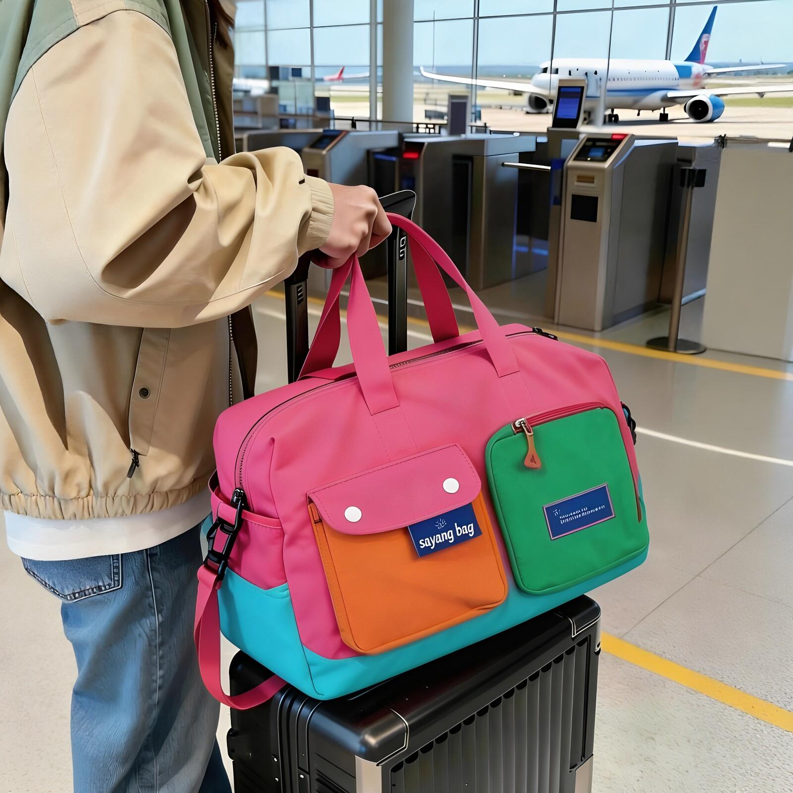 多巴胺手提行李包可上飞机分区收纳旅行大容量结实耐用撞色斜跨包