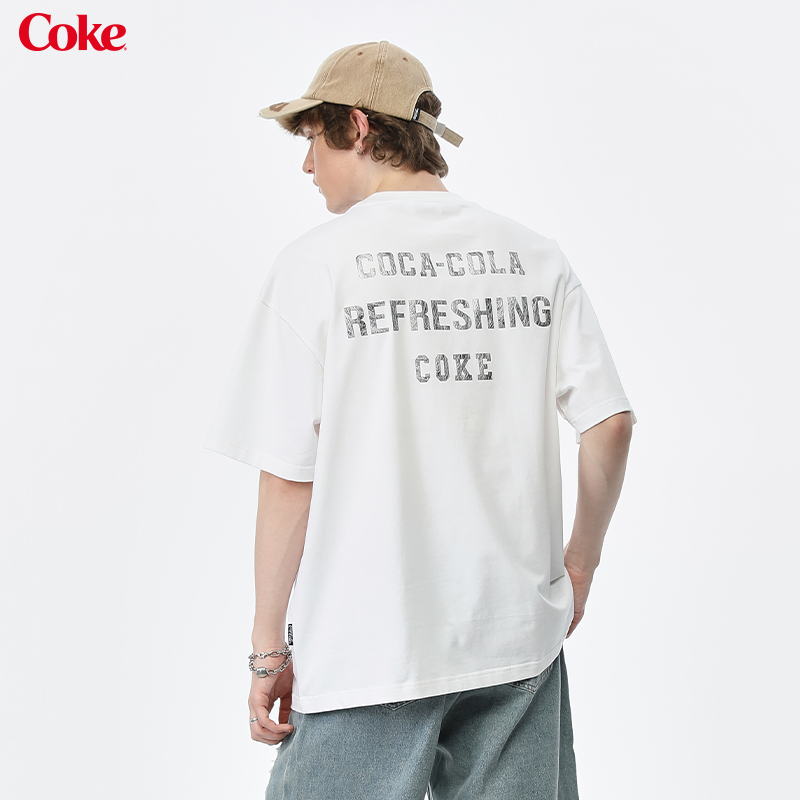 Coke 可口可乐 短袖T恤男夏季美式斑驳印花做旧水洗重磅情侣上衣