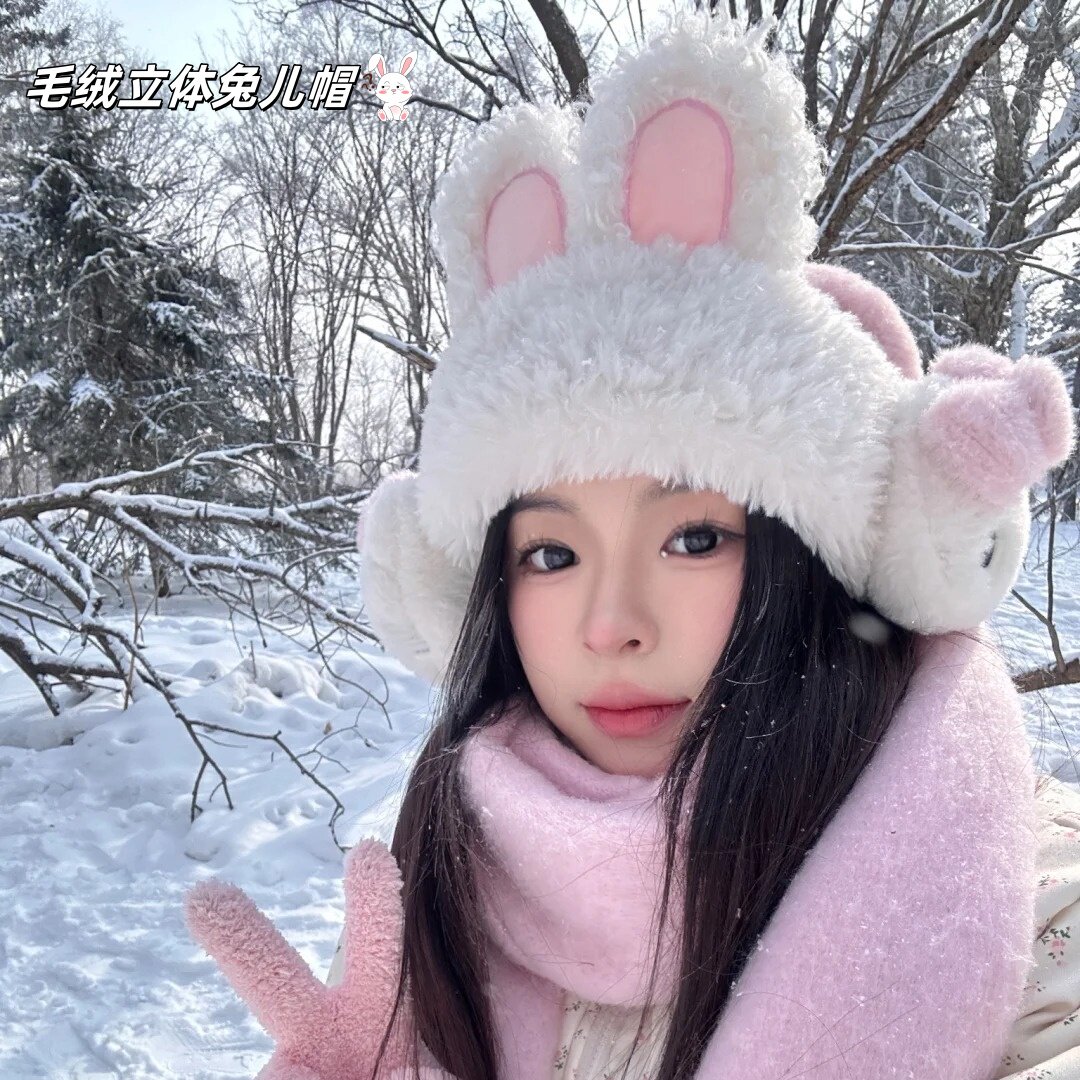 卡通毛绒可爱立体兔儿帽秋冬保暖护耳针织毛线帽女毛绒绒包头冷帽