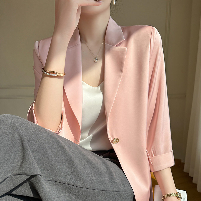 春夏薄款女士醋酸缎面小西装外套设计感气质修身西服上衣百搭