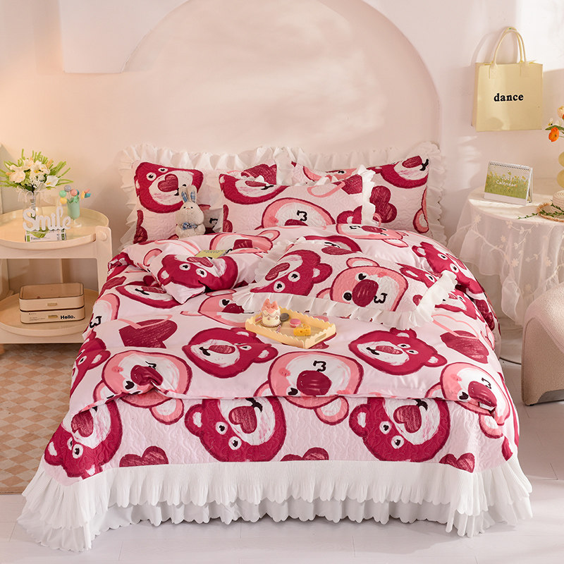 四季夹棉床盖韩版公主风床罩新款双面保护套加厚高档床单双层花边