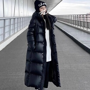 L反季黑色亮面羽绒服长款加厚过膝男女情侣款黑金白鸭绒免洗冬装