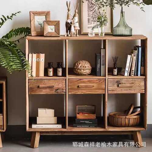 原木文艺六格三斗玄关柜老榆木复古实木靠墙边柜多宝阁储物柜