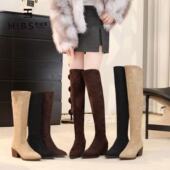 过膝靴长靴女2025秋冬季 新款 长筒骑士靴尖头粗跟长筒弹力靴子女
