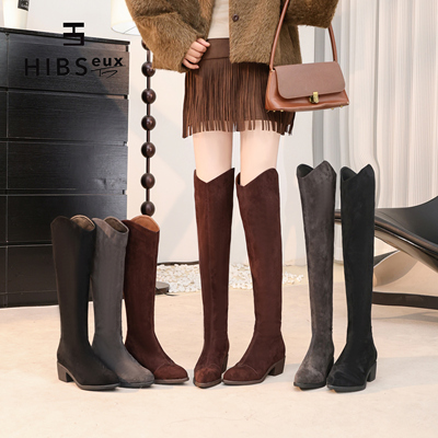 过膝长筒靴冬季显瘦女士绒面长靴