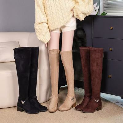 复古绒面过膝长筒靴女粗跟过膝靴