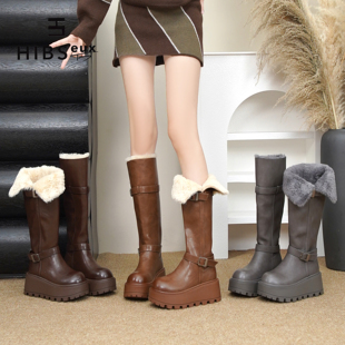 皮带扣百搭保暖加厚长筒靴女 皮面厚底增高时尚 2025冬季 雪地靴冬季