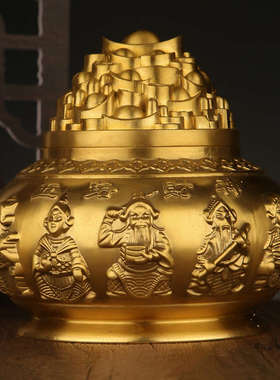 纯铜五路财神聚宝盆摆件带盖元宝铜盆家居客厅招聚财风水装饰摆设