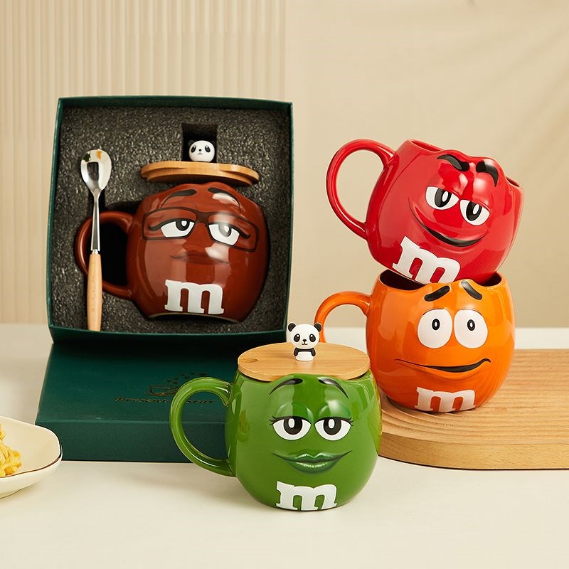 m豆杯陶瓷马克杯子大容量早餐C牛奶杯带勺燕麦杯个性表情杯