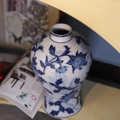 京城牡丹梅瓶k中式青花瓷大肚陶瓷花瓶客厅茶几水养鲜花送礼