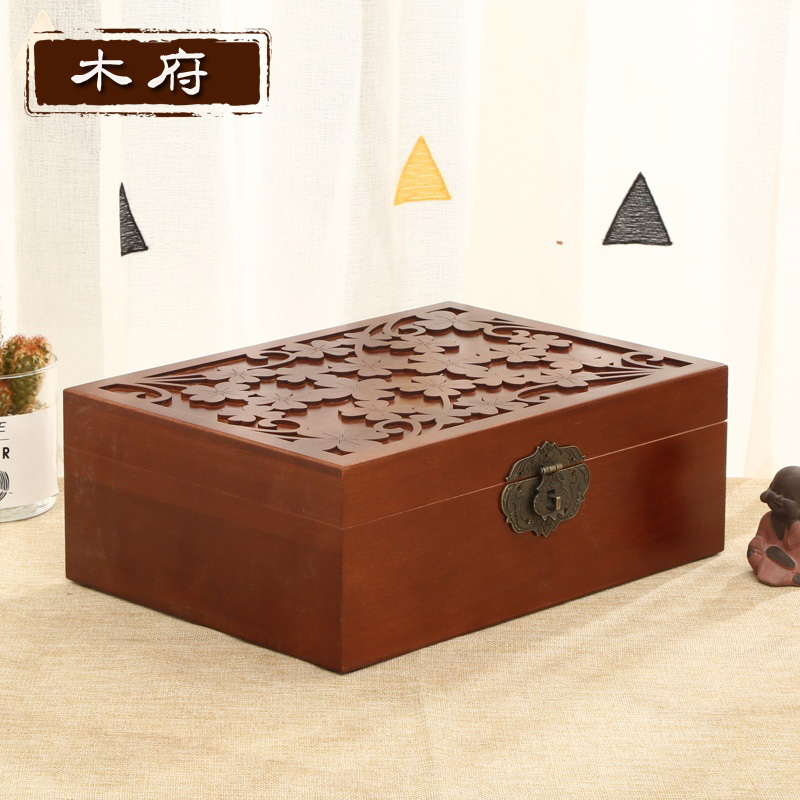 新品桌面化妆品收纳盒带锁木盒首饰盒创I意复古大号储物密码小箱