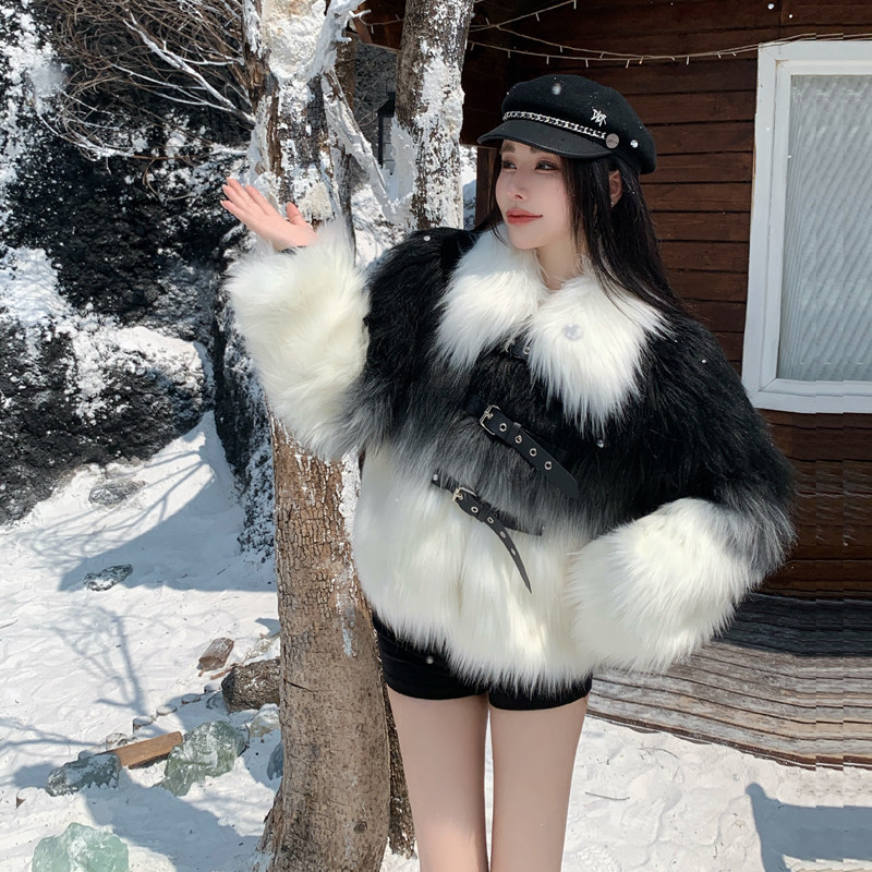 实拍韩版渐变皮扣仿狐狸皮草外套冬新款气质小个子环保毛毛外套女