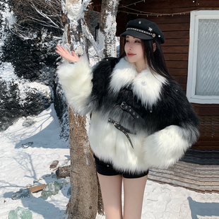 实拍韩版渐变皮扣仿狐狸皮草外套冬新款气质小个子环保毛毛外套女