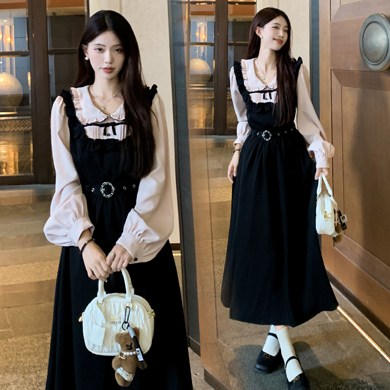 实拍 2025秋季新款大码胖mm女装法式黑色收腰显瘦拼接连衣裙子