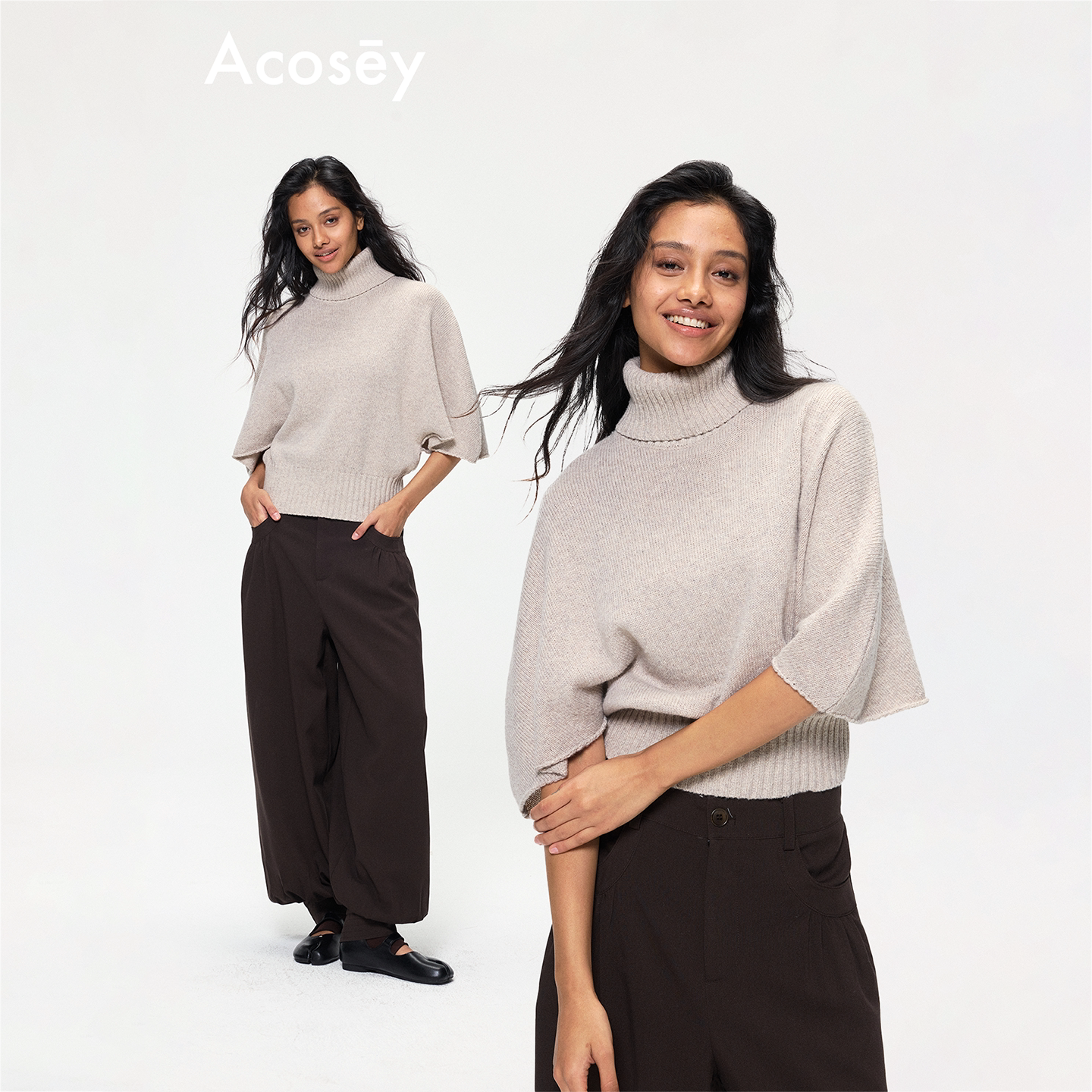 ACOSEY 花纱堆领蝙蝠袖羊毛混纺短款毛衣