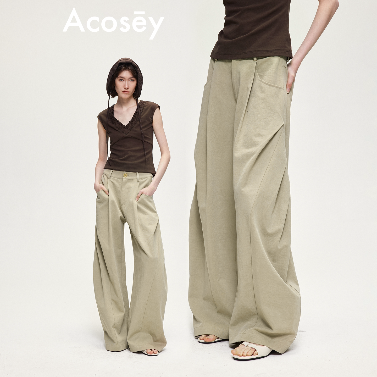 ACOSEY 原创侧边压褶解构设计天丝麻感果实扣真马毛皮牌弯刀长裤