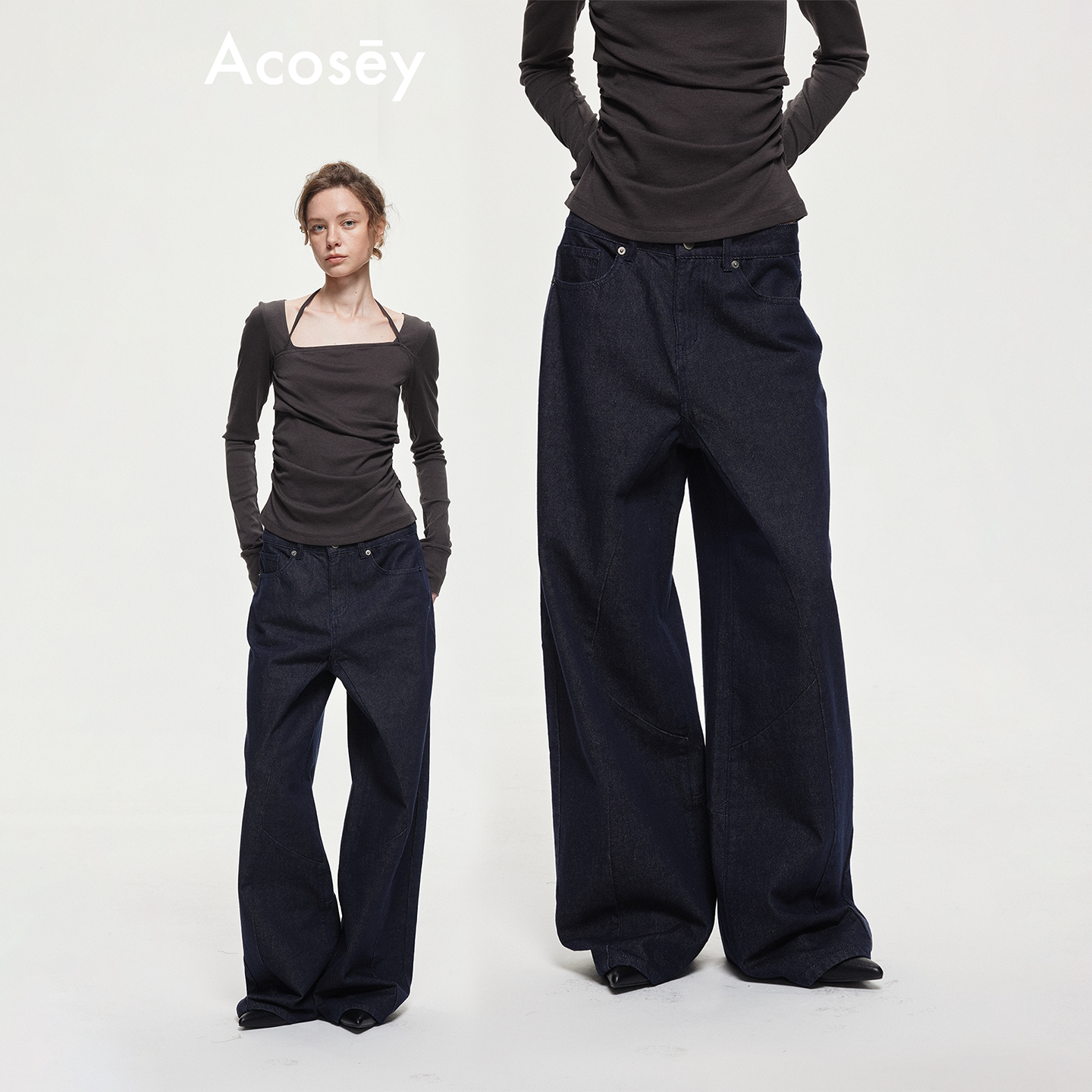 ACOSEY 棉混纺分割线拼接深蓝直筒廓形中高腰复古牛仔裤图片