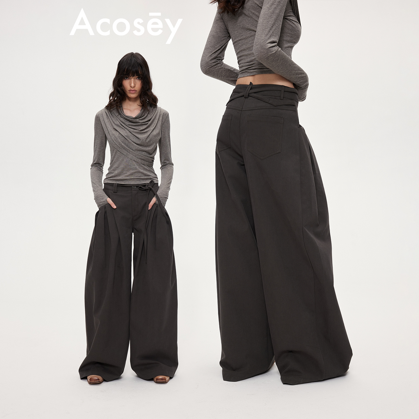 ACOSEY 25FW 设计感腰部系绳口袋打褶宽松休闲阔腿直筒长裤,女装/女士精品,休闲裤,淘宝优惠券,粉丝福利购,淘宝优惠卷