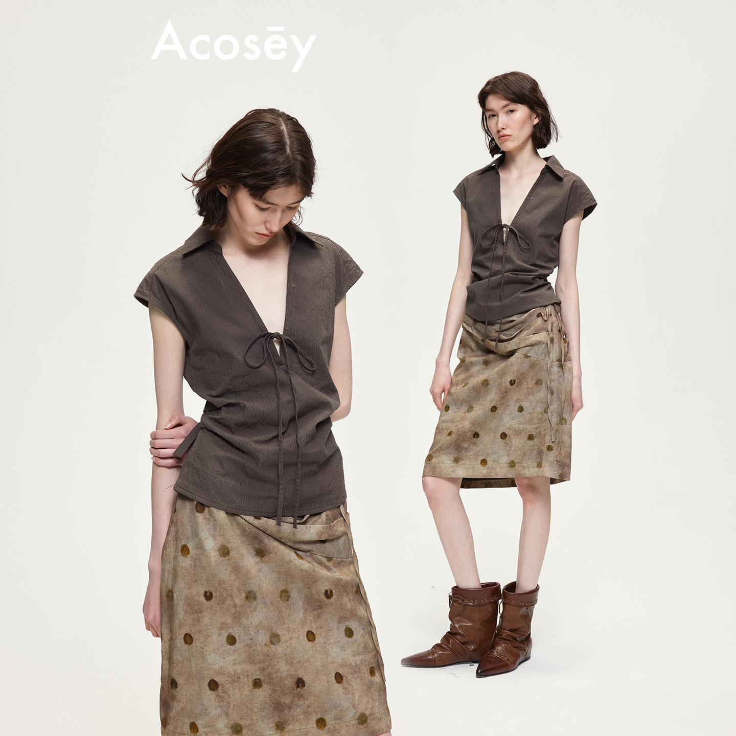 ACOSEY 设计感棉混色纺纱复古V领绑带上衣